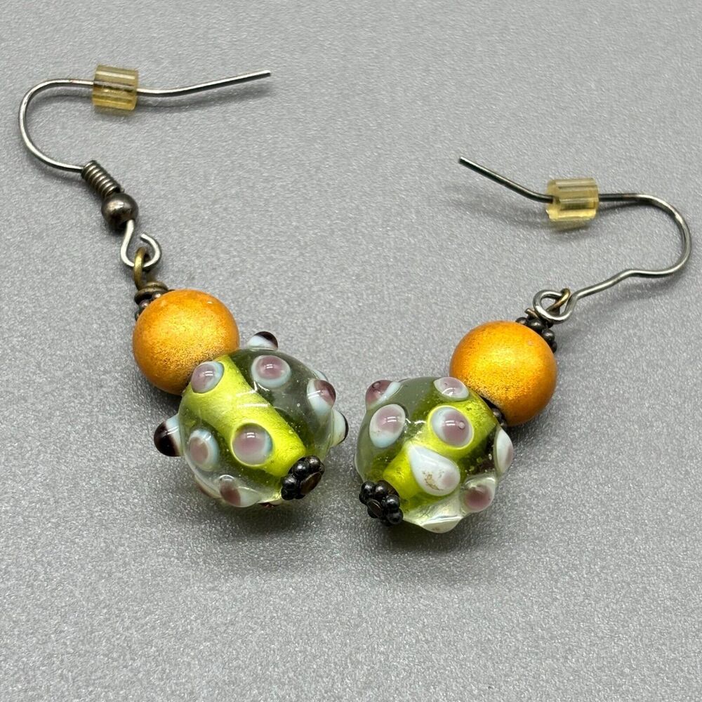Lampwork Art Glass Earrings Yellow Green Purple Polka Dot Handmade Dangle Drop
